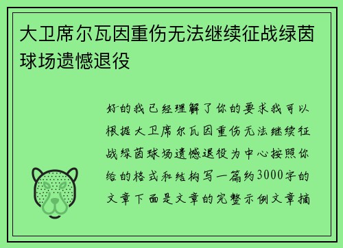 大卫席尔瓦因重伤无法继续征战绿茵球场遗憾退役 大卫席尔瓦因重伤无法继续征战绿茵球场遗憾退役